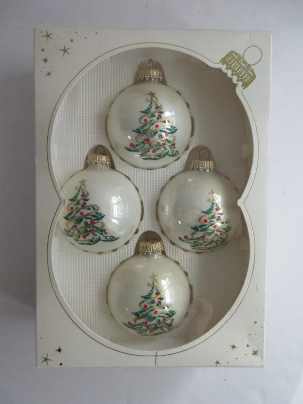 Krebs Christmas Ornament 2 Boxes of 4 Glass Balls White w/ Christmas Tree Vtg